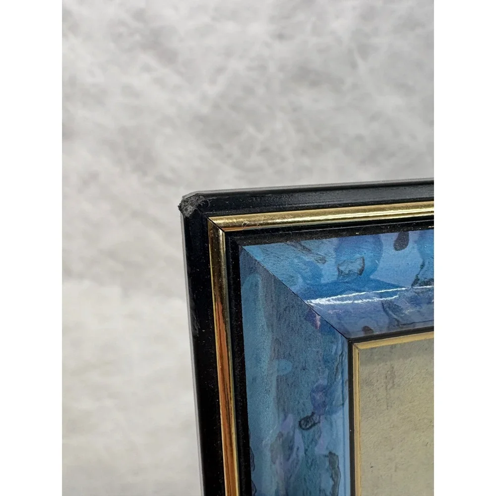 Vintage Blue Marbled Picture Frame Gold Trim Glass Tabletop 4x6 Photo Frame
